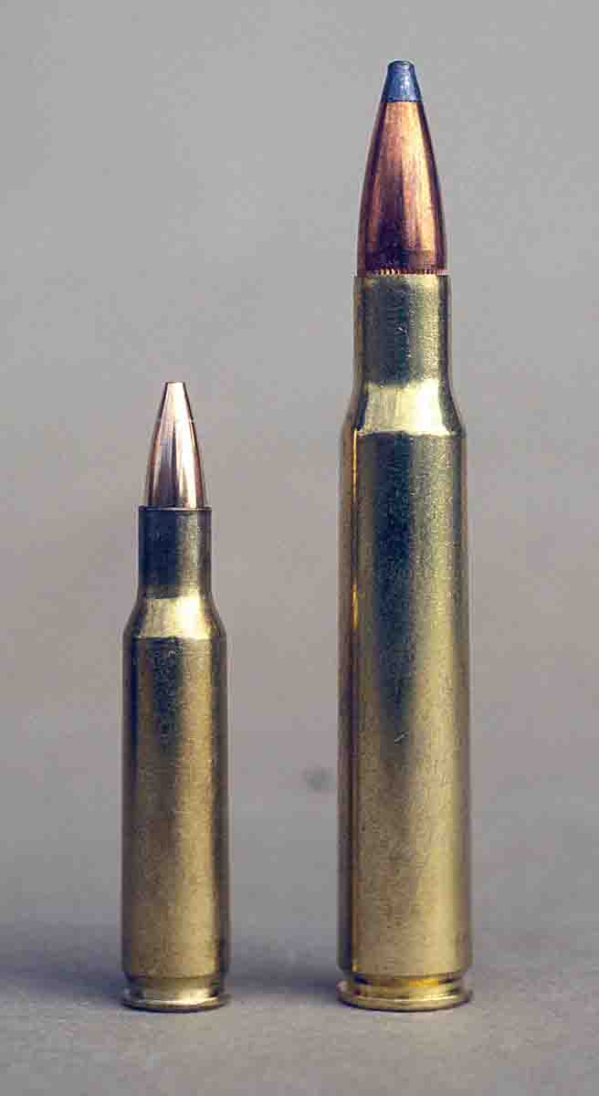 The .222 Remington (left) resembles a small .30-06.